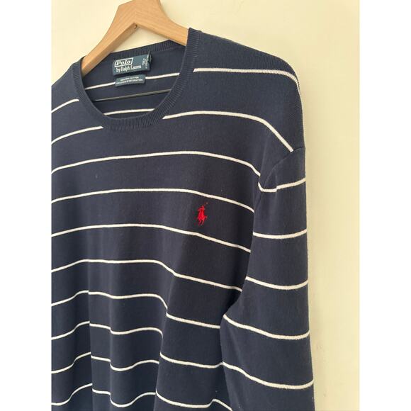 Polo Ralph Lauren VINTAGE Striped 100% Pima Cotton Sweater - Navy White XL - Picture 3 of 7